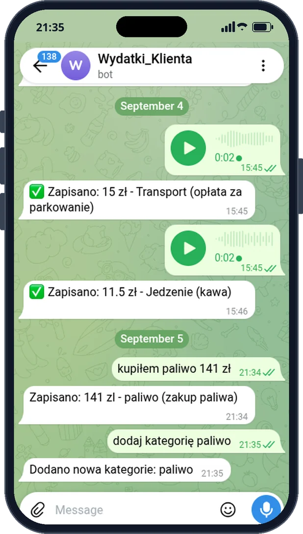 Rozmowa z botem wydatków na Telegramie: głosówki zapisane jako wydatki, wpis tekstem i dodanie nowej kategorii