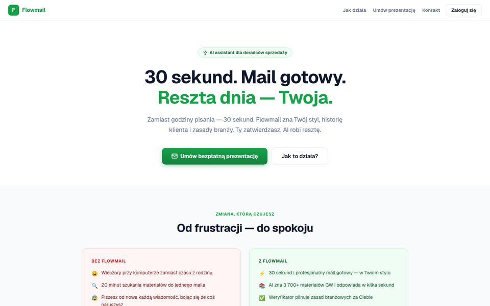 Strona główna Flowmail: „30 sekund. Mail gotowy. Reszta dnia — Twoja.”