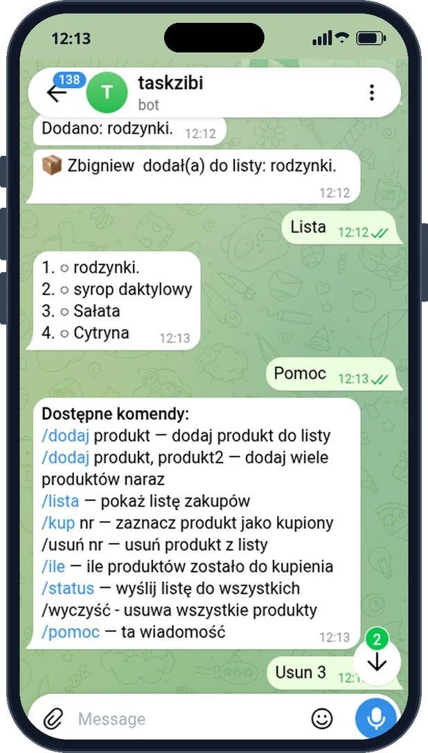 Rozmowa z botem listy zakupów na Telegramie: dodawanie produktu, lista i komendy pomocy